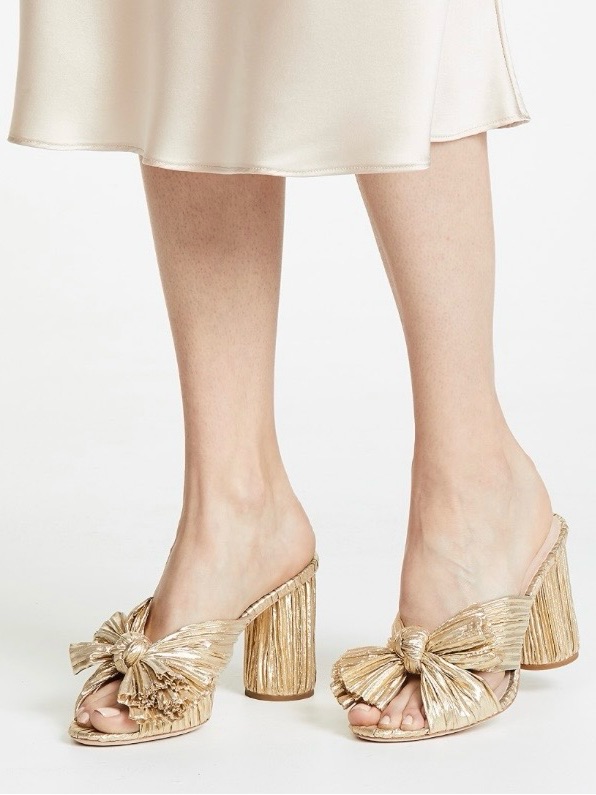Loeffler Randall Gold Pleated Bow Block Heel Mules Size 6.5